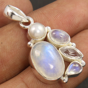 Vente en Gros Solitaire Multi Forme Pendentif en Argent Sterling Massif 925 Pierre de Lune Arc-en-Ciel Naturelle et Autre Perle de Pierre Précieuse pour elle - Product Image 1