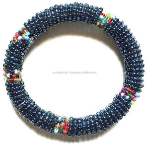 <b>Bead</b> <b>Bracelet</b> - Handmade African Kenyan Bangle Jewelry - Silver Blue Color - Product Image 1