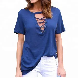 Women's V-neck lace up t shirt 100 cotton V neck tops trendy new arrival latest design Women tops