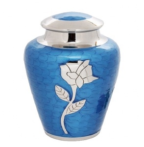 Urna Funeraria de Metal para Cenizas, Urna Religiosa Azul para Cenizas de Adultos, Urna Funeraria Americana con Diseño Floral - Product Image 1