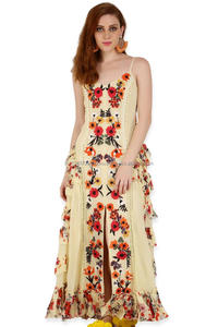 Robe longue à bretelles spaghetti ajustables avec fleurs brodées à la main, bande décorative au crochet, bordure à pompons, dos à volants, robe maxi - Product Image 3