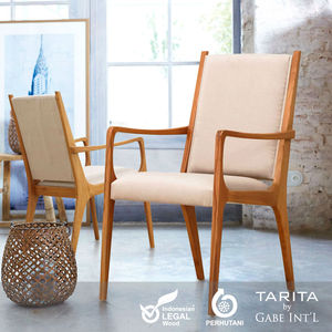 Silla de comedor con brazo de madera de teca sólida y tela de tapicería Estilo vintage contemporáneo - Product Image 1