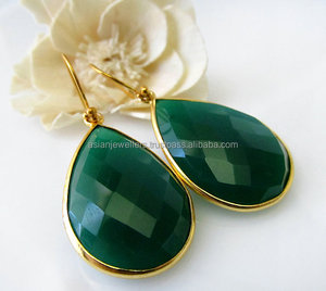 925 Sterling <b>Silver</b> Green Onyx Gemstone <b>Drop</b> <b>Earrings</b> Gold Vermeil Plating Stylish and Trendy for Weddings Parties Gifts - Product Image 1