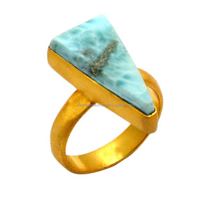 Anillo de piedras preciosas Larimar Natural, Plata de Ley 925 con anillo de plata hecho a mano chapado en oro, joyería, anillo de moda para regalo de boda - Product Image 1