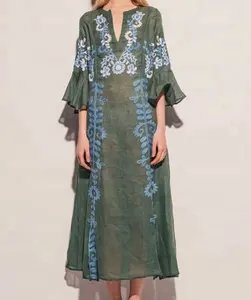 Último diseño floral bordado largo ucraniano vestido maxi sexy pura ropa de vestido casual 3/4 mangas de las nuevas mujeres desgaste diario