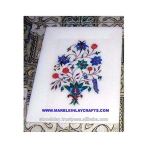 Bandeja de servicio de mármol blanco con incrustaciones antiguas para decoración del hogar y hoteles, artículo con aspecto impresionante, diseño de flores - Product Image 1