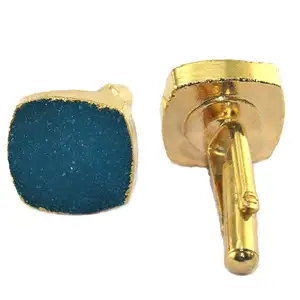 Natural sky blue color sugar druzy gemstone men's wear cufflinks cushion shape 24K electroplating cufflink mens pair cufflinks