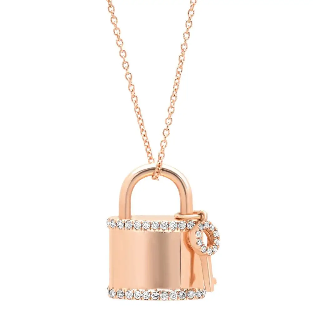 Diamant Lock Anhänger, 0,21 Ct 14k Rose Gold Natürliche Echt Runde Cut Diamant Schloss Schlüssel Anhänger Halskette