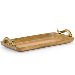 Bandeja Rectangular de Madera de Mango con Asas de Cuerno Doradas, Diseño Retro Hecho a Mano, Platos y Vajilla de Color Sólido - Product Image 1
