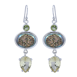 Genuino Druzy Lemon Topaz Peridot Gemstone 925 Pendientes colgantes de plata esterlina Proveedor de joyería hecha a mano Fabricante mayorista - Product Image 1