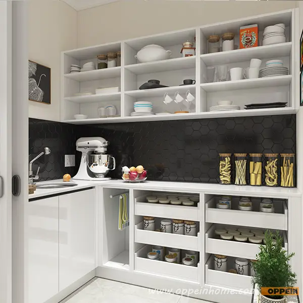 OPPEIN современный дизайн под заказ деревянный белый кухонный шкаф кладовая