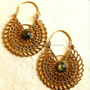 Pendientes colgantes de aro de latón con piedras preciosas de labadorita a la moda para mujer, conjunto de bisel, joyería - Product Image 2