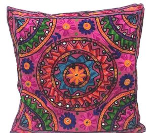 Suzani Embroidered 16\" Cotton Cushion <b>Cover</b> Geometric & Cartoon Pattern Decorative Pillow Cases for Hotel & Home Use - Product Image 1