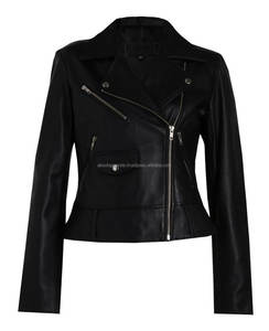 Chaqueta negra ajustada de piel de oveja auténtica para mujer, ropa para motocicleta, cremallera personalizada, de cuero negro, venta al por mayor - Product Image 4