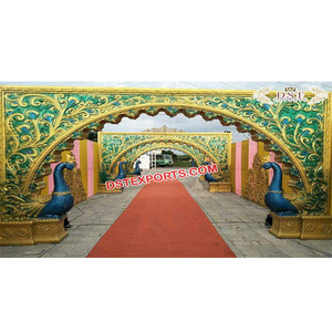 Classic Peacock Design Entrance Decor Peacock <b>Wooden</b> <b>Carved</b> Entrance Pillars Indian Wedding Welcome Gate for <b>Sale</b> - Product Image 1