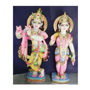 Dini Hindu tanrı ve tanrıça Radhika Krishna saf Makrana beyaz mermer güzel ayakta heykel