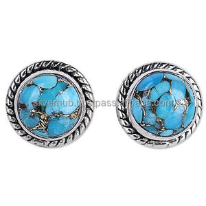 Copper Turquoise Stone Stud <b>Earrings</b> 925 Sterling Silver Round Cut Stud <b>Earrings</b> for Women Girls <b>Cute</b> Accessories Fine Jewelry - Product Image 2
