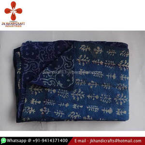 Indian Blue Indigo Cotton Sari Kantha Hand Embroidered Reversible <b>Throw</b> - Product Image 1