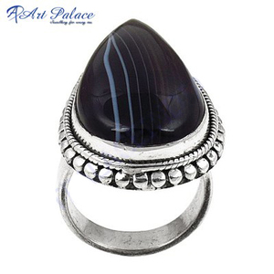 Bague Unique en Onyx Noir avec Pierre Précieuse, Bague en Argent Sterling 925 Personnalisée, Pierre Naturelle, Lunette Réglable, Goutte d'Eau, Coupe Poire - Product Image 1