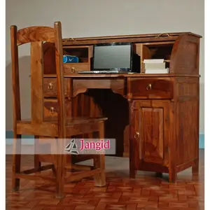 Indian Sheesham Houten Rolluik Deur Gesneden Tafel Voor Studie Bureau Van Kamer Ontwerp