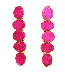 Joyería nupcial Hot pink multi Sugar druzy par largo tachonado gota pendiente latón 18K chapado en oro Collet ajuste declaración pendientes - Product Image 2