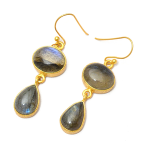 Pendientes hechos a mano de Plata de Ley 925 sólida con piedras preciosas de labradorita, joyería chapada en oro, forma de pera ovalada, bodas de moda - Product Image 1