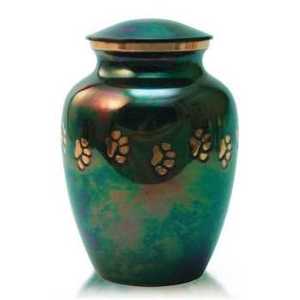 Hermosas Urnas de Cremación de Metal Latón/Aluminio con Huella de Pata de Mascota en Verde Turquesa para Cenizas Funerarias - Product Image 1