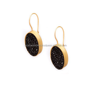 925 argent Noir druzy pierres précieuses or vermeil boucles d'oreilles - Product Image 1