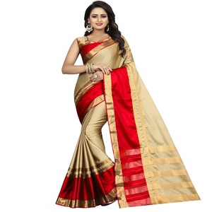 Ropa étnica Diseño propio Moda Algodón Seda Saree (BeigeRed) Étnico - Product Image 1