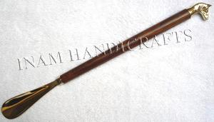 ฮอร์น Shoehorn ทองเหลืองโบราณพร้อมเพลาไม้และหัวม้าทองเหลืองที่เป็นของแข็ง - Product Image 5