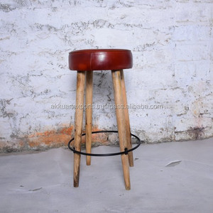 Tabouret de comptoir vintage industriel antique européen en cuir véritable avec cadre en bois de manguier, mobilier de bar commercial, brun, personnalisé - Product Image 6