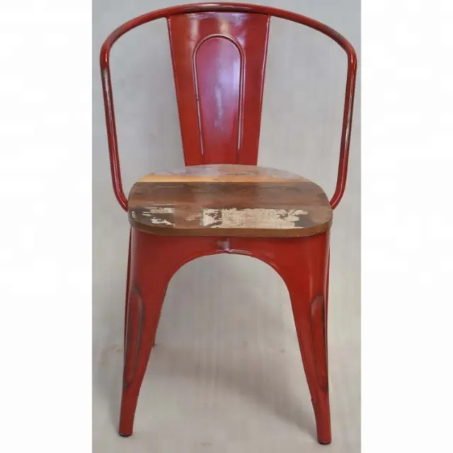 Red Distress Cadeira de assento industrial estilo vintage para restaurantes e cafés, cadeira leve e barata de metal e madeira
