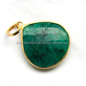 Pierre d'émeraude pendentif fait à la main en argent Sterling 925 vermeil - Product Image 1