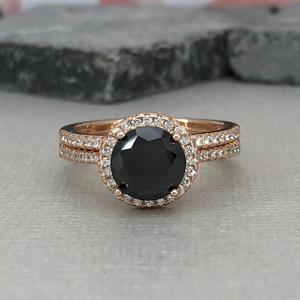 1.67 Karaat Ronde Vorm <span class=keywords><strong>Black</strong></span> Diamonds Halo Wedding Ring In 14K Rose Goud, Diamant Bruids Set Ring
