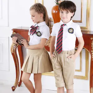 New style shirts with embroidered logo skirt and pant elementary school uniform