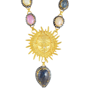 Collar de pavé de zafiro y diamantes múltiples con diseño de sol Latón de moda chapado en oro para fiesta de boda o regalo de compromiso - Product Image 1