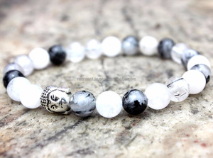 Cuentas de piedras preciosas de Cuarzo rutilado gris redondo de 8 mm de alto grado pulsera de moda Bohemia para fiesta o regalo para budismo - Product Image 6