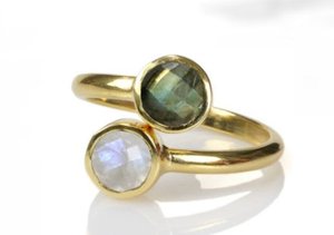 Bague en pierre précieuse Labradorite, anneau ajustable en plaqué or, deux pierres précieuses - Product Image 2