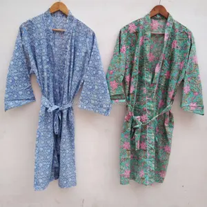 Güzel el bloğu baskılı pamuk kadınlar uzun Kimono tam kollu Kimono ile gece için pijama, plaj salonu elbise giymek
