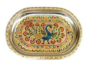 BANDEJA DECORATIVA MEENAKARI DE ACERO INOXIDABLE DISEÑADA POR PAVO REAL-DORADO DE LA (8,35 "X 12,50" X 0,87 "PULGADAS) - Product Image 2