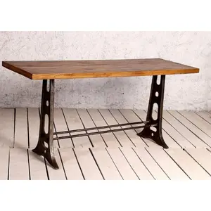 Mesa de bar estilo Industrial, base de hierro fundido con tapa de madera maciza, mesa de Bar de estilo Industrial con tapa de madera