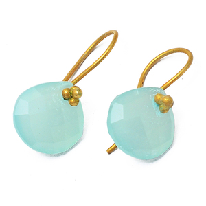 Boucles d'oreilles en forme de coeur en fil d'oreille fixe Aqua Calcedony Gemstone Boucles d'oreilles en argent sterling 925 Boucles d'oreilles à la mode plaquées or. - Product Image 2