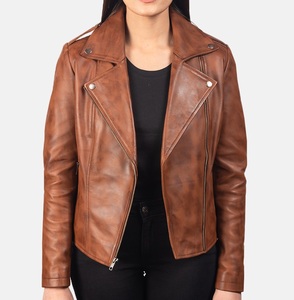 Veste en cuir véritable à la mode pour femmes en beige foncé look motard sportif nouveautés conception personnalisée pas cher en gros - Product Image 3