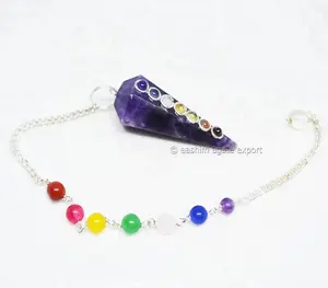 Dijual Pendulum Batu Permata Chakra Mahkota Amethyst dengan Rantai Chakra, Pendulum Batu Kristal