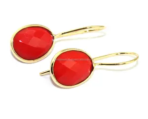 Natural coral gemstone earring gold plating egg shape faceted hook earring daily wear light weight earring 24k gold plating drop