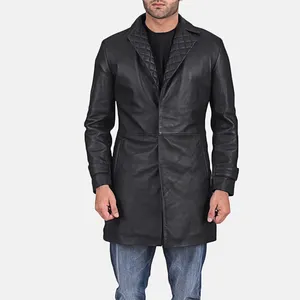 2021男士时尚无限大黑色真皮羊皮皮大衣，带闭合风格: 按扣