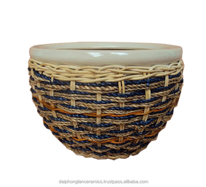 Meilleures ventes de pots de fleurs en céramique créatifs pour plantes d'intérieur / pot de plantation en argile blanche pour la décoration de la maison recouvert de rotin de jonc - Product Image 4