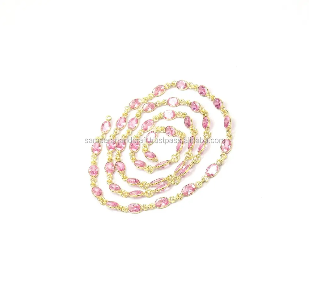 Schöne vergoldete rosa kubische Zirkonia-Bezel Edelstein Perlen-Rosenkranz Mehrfachtärikette