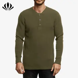New style 100% cotton slim fit blank long sleeve henley neckline with button men t-shirt