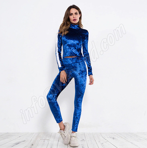 Ensemble en velours pour femmes Survêtement en velours bleu Ensemble 2 pièces pour femmes Col haut Manches longues Ensemble en velours pour femme Jogger Running Suit - Product Image 4